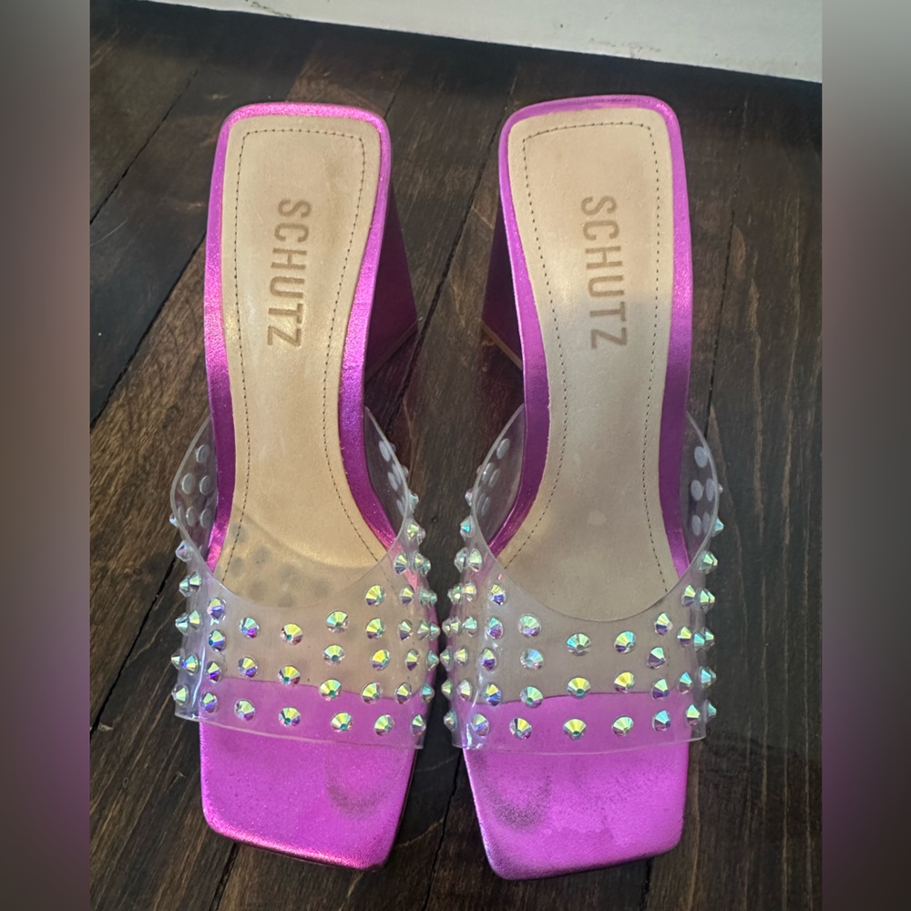 $168 Schutz Lizah Crystal Clear Metallic Triangular Heel Hot Pink Magenta 6B
